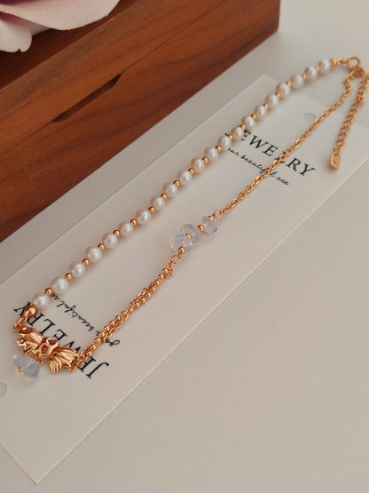 Natural Pearl Moonstone Bow Necklace - 18K Gold Plated Adjustable | Vinajewelry