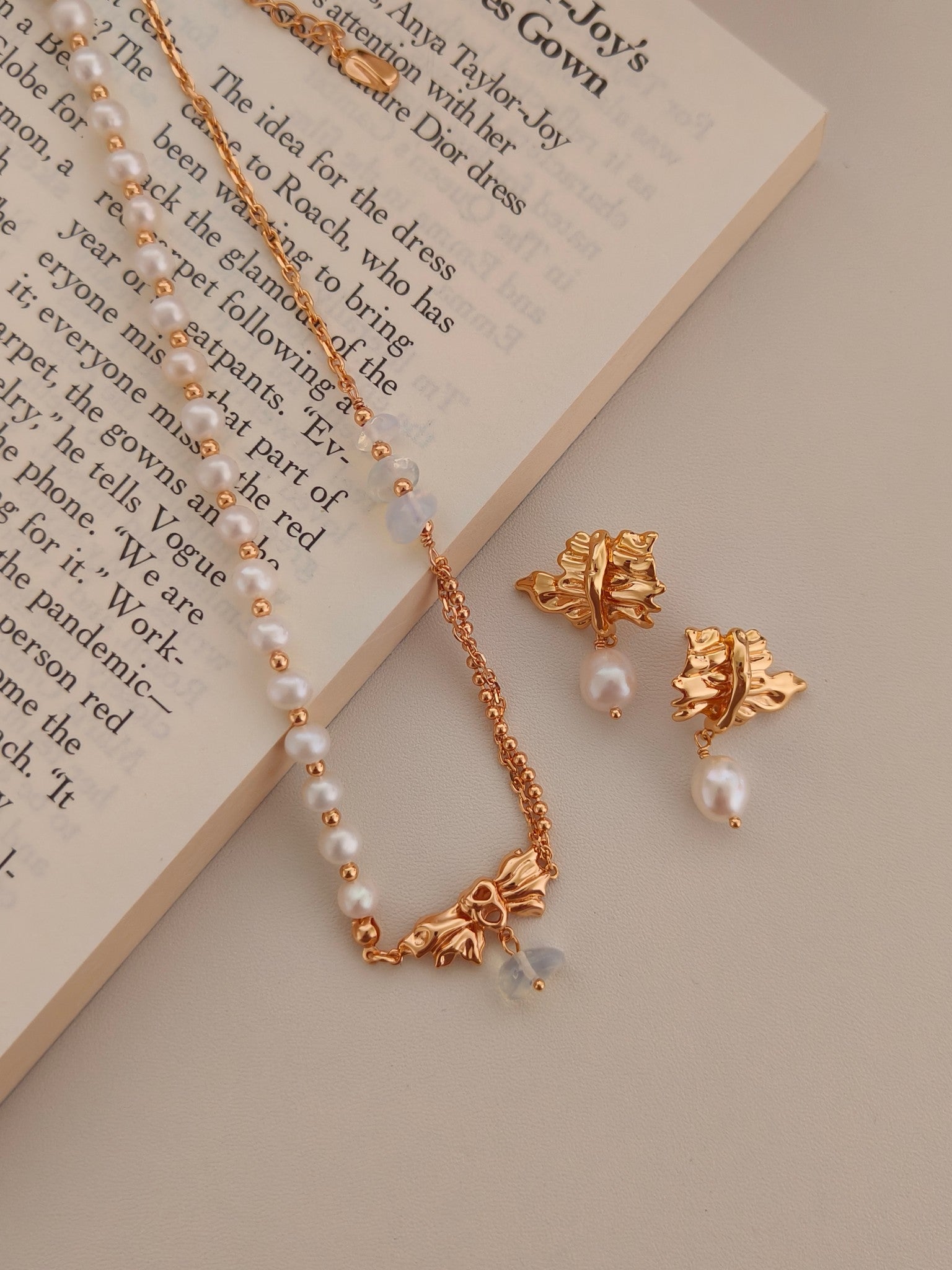 Natural Pearl Moonstone Bow Necklace - 18K Gold Plated Adjustable | Vinajewelry