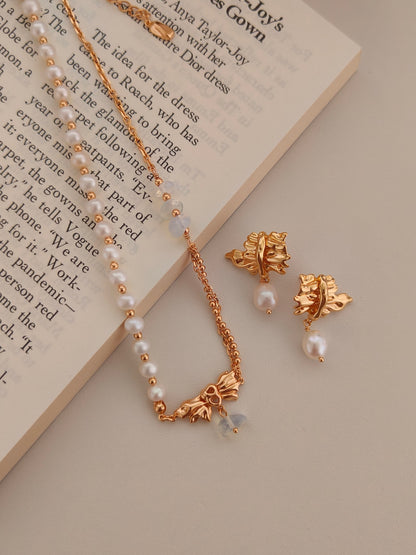 Natural Pearl Moonstone Bow Necklace - 18K Gold Plated Adjustable | Vinajewelry