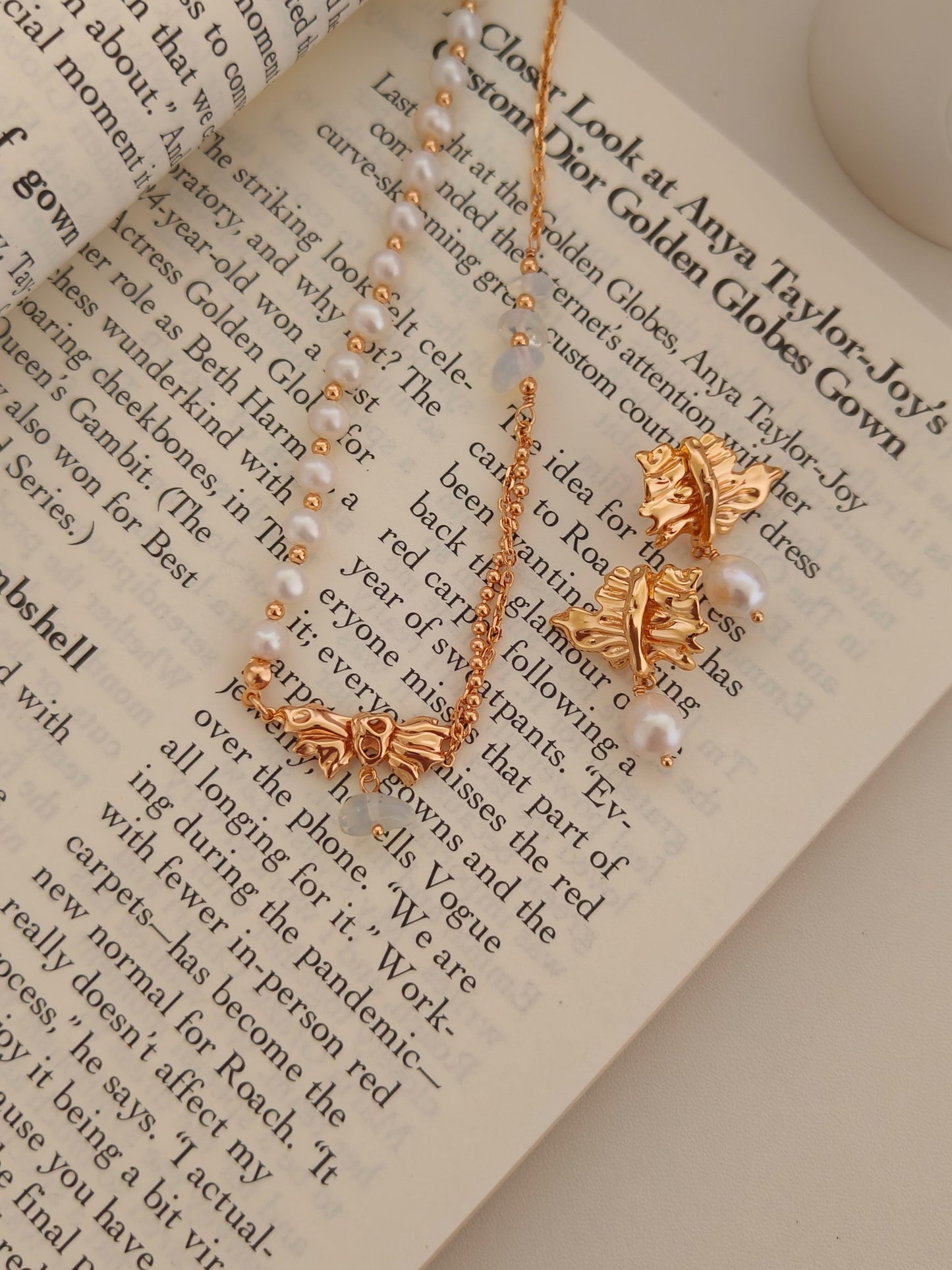 Natural Pearl Moonstone Bow Necklace - 18K Gold Plated Adjustable | Vinajewelry