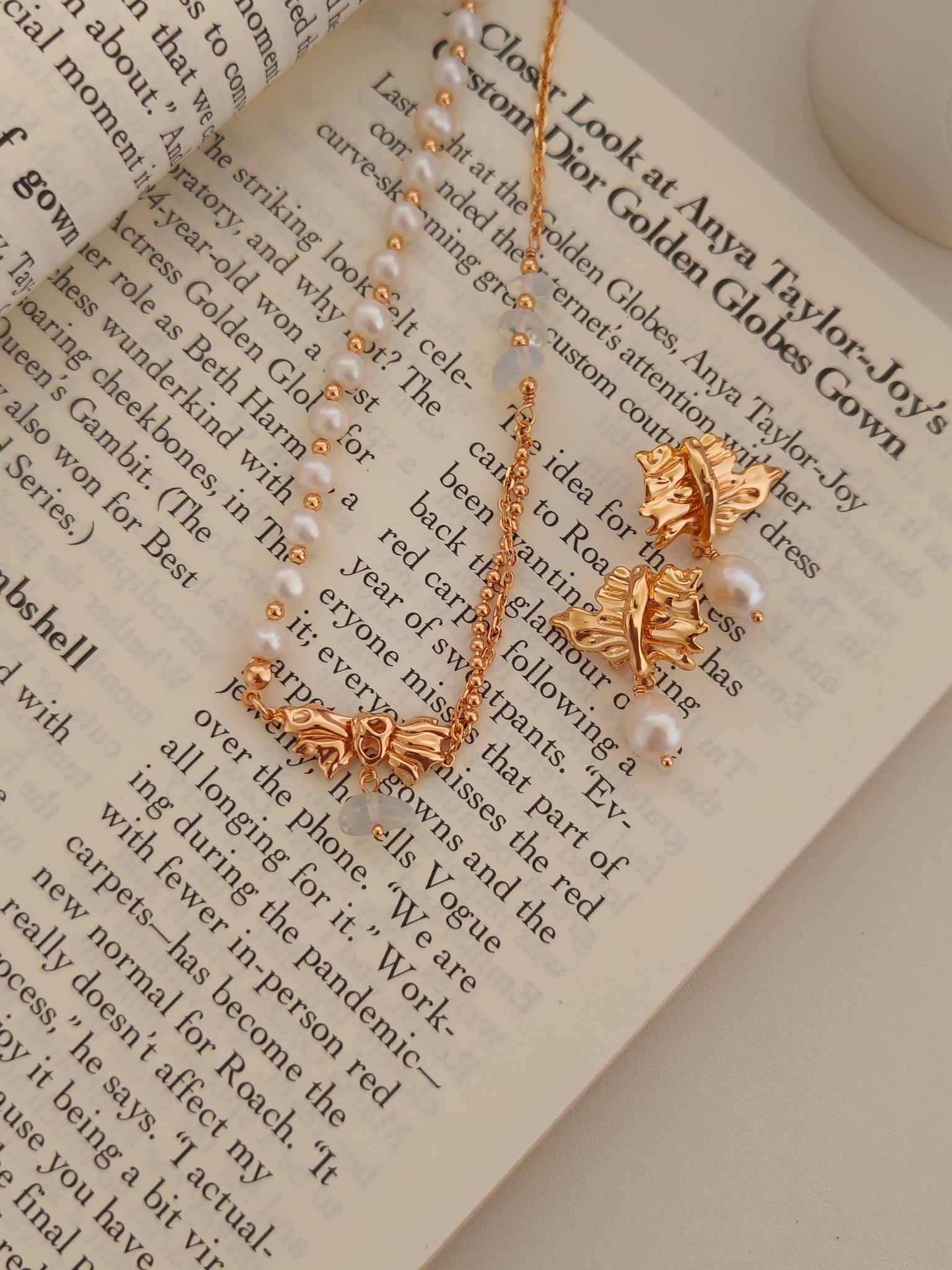 Natural Pearl Moonstone Bow Necklace - 18K Gold Plated Adjustable | Vinajewelry