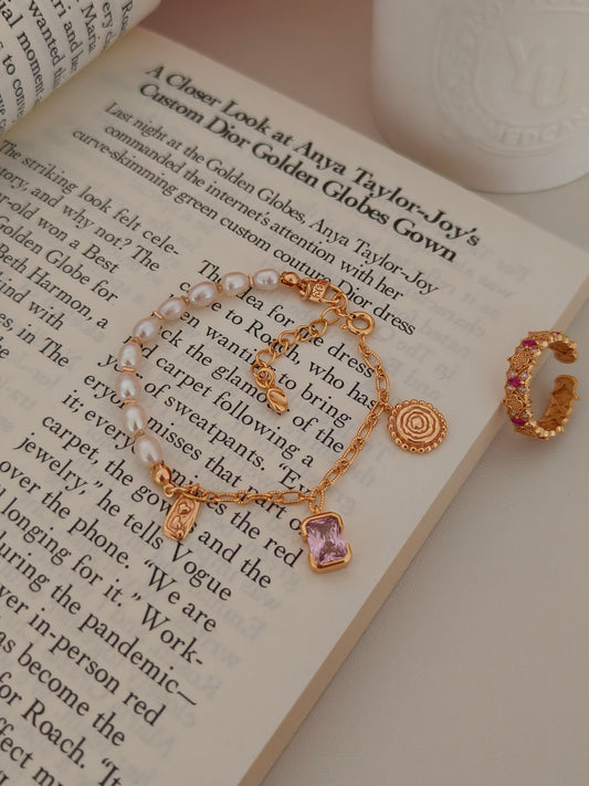 Natural Pearl Zircon Bracelet - 18K Gold Plated Sterling Silver | Vinajewelry