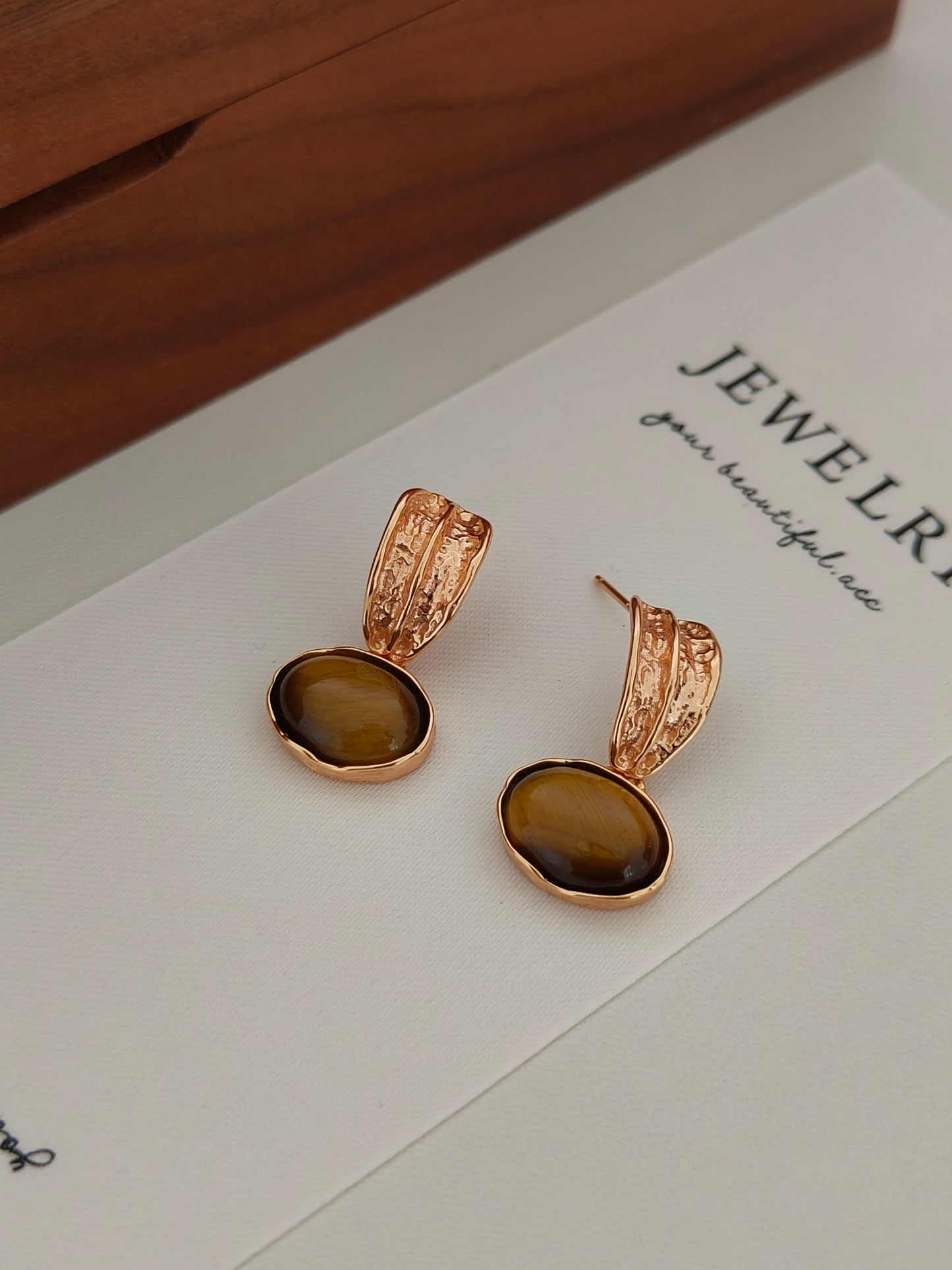 Natural Tiger's Eye Pendant Earrings - 18K Gold Plated Sterling Silver | Vinajewelry