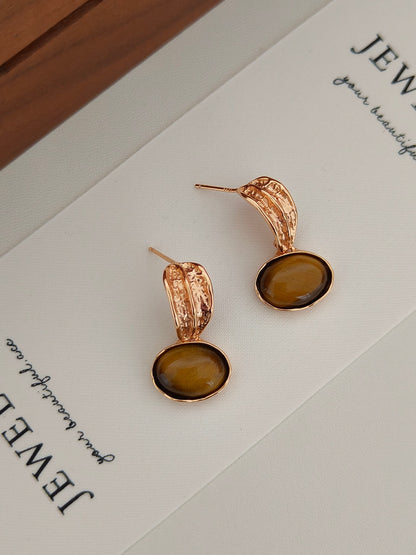 Elegant natural tiger's eye pendant earrings 18K gold