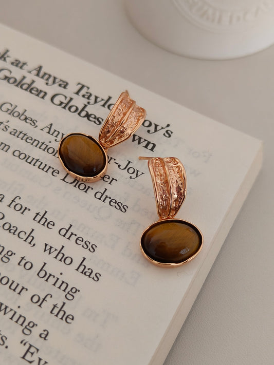 Natural Tiger's Eye Pendant Earrings - 18K Gold Plated Sterling Silver | Vinajewelry