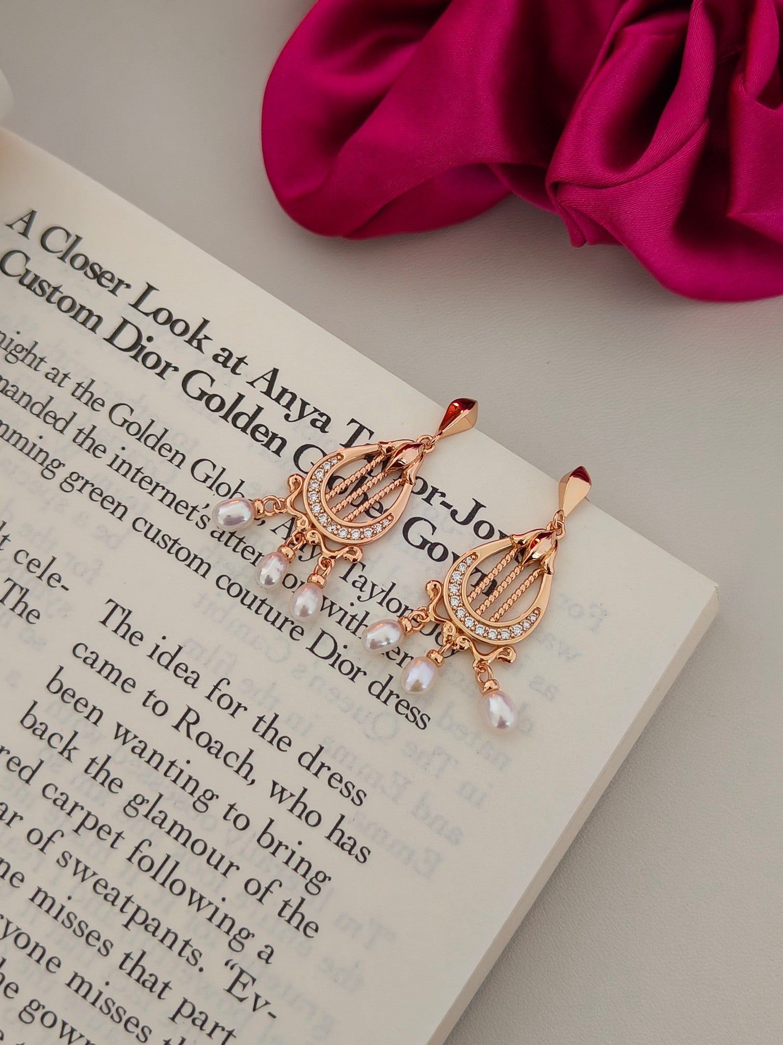 Harp-Shaped Diamond Pearl Earrings - 18K Gold Plated Sterling Silver | Vinajewelry