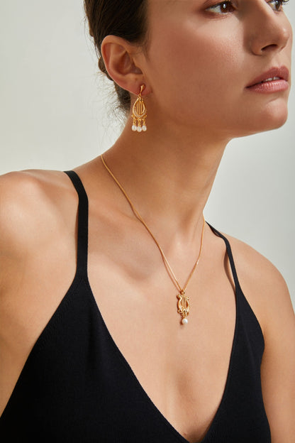 Harp-Shaped Diamond Pearl Earrings - 18K Gold Plated Sterling Silver | Vinajewelry