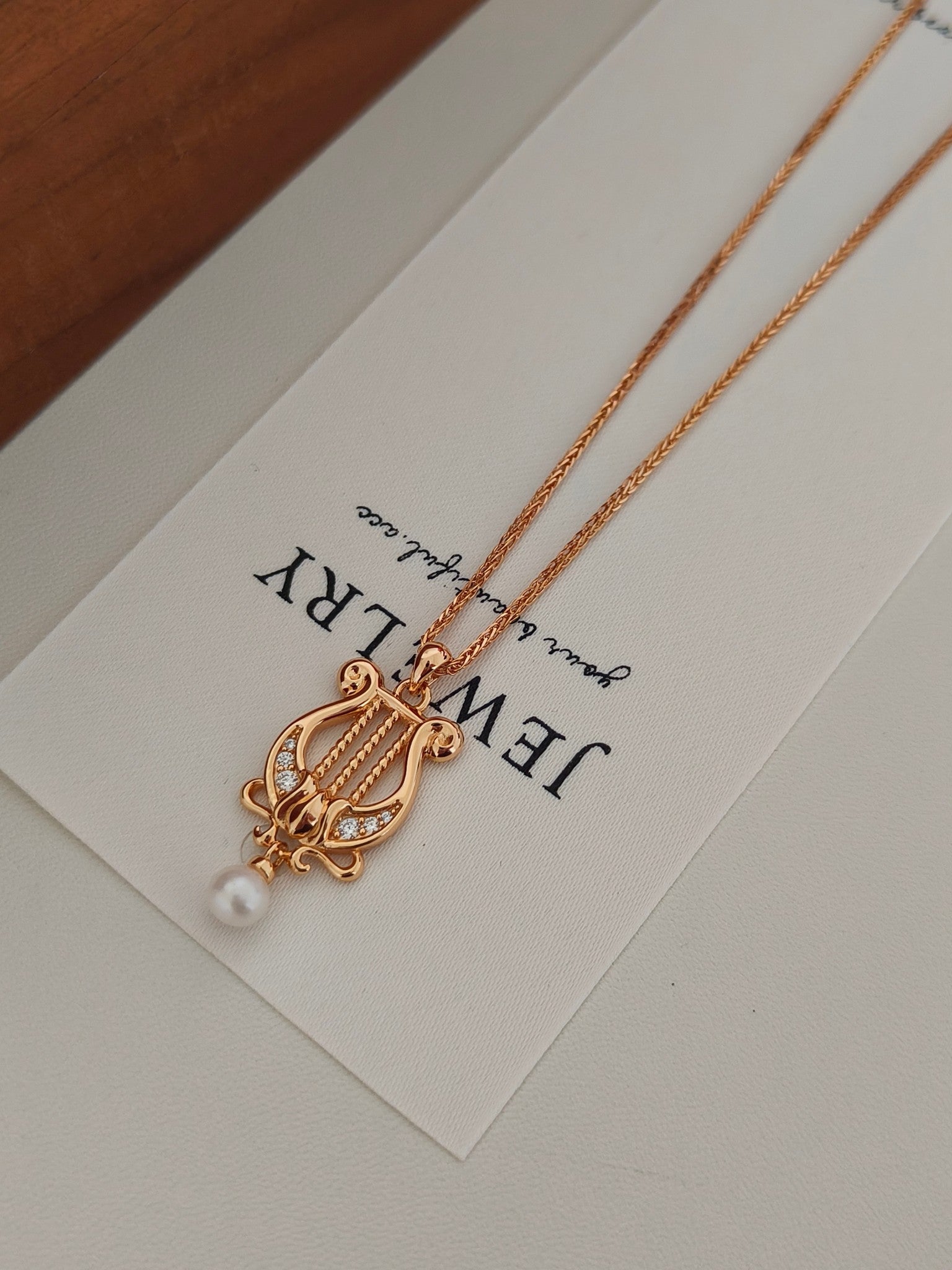 Harp-Shaped Diamond Pearl Pendant Necklace - 18K Gold Plated | Vinajewelry