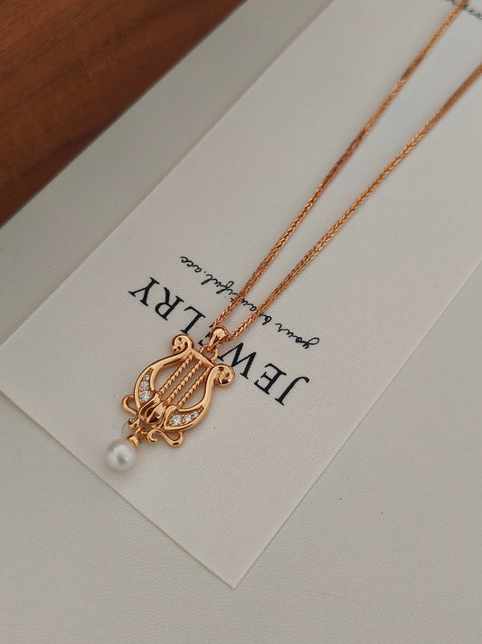 Harp-Shaped Diamond Pearl Pendant Necklace - 18K Gold Plated | Vinajewelry