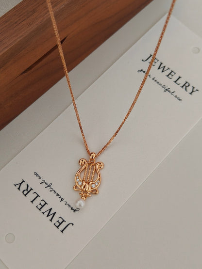 Harp-Shaped Diamond Pearl Pendant Necklace - 18K Gold Plated | Vinajewelry
