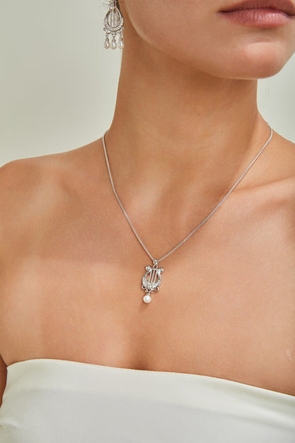 Harp-Shaped Diamond Pearl Pendant Necklace - 18K Gold Plated | Vinajewelry