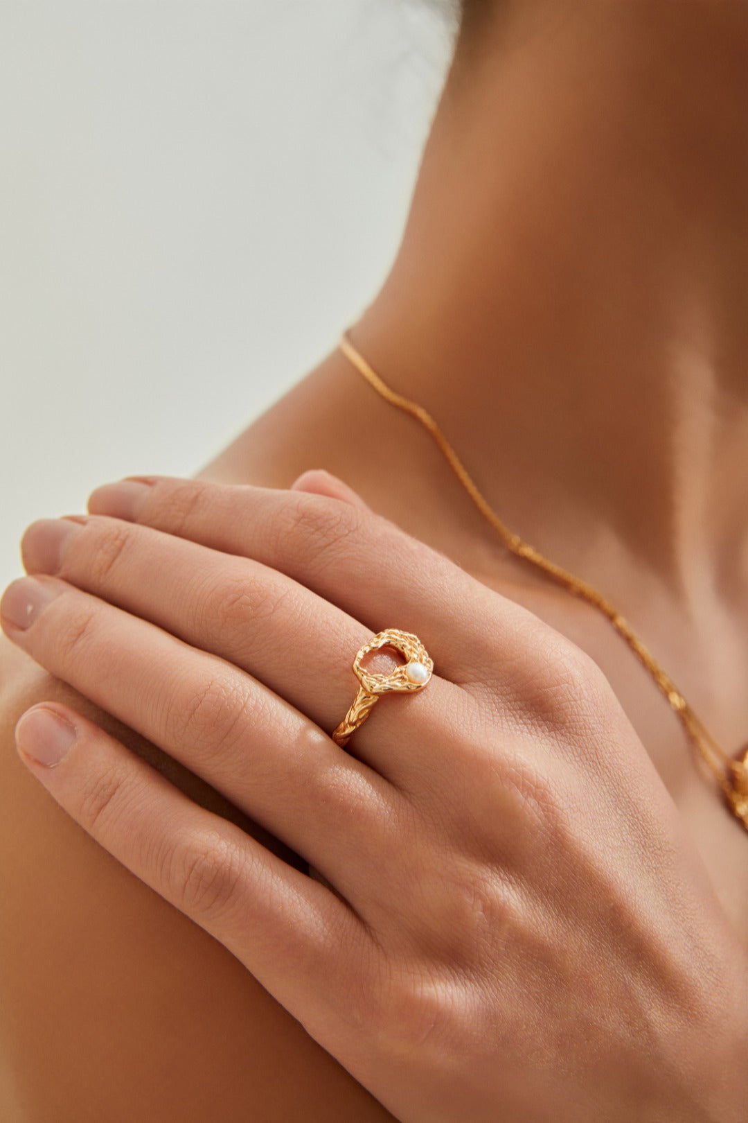 Natural Pearl Open Ring - 18K Gold Plated Sterling Silver Adjustable | Vinajewelry