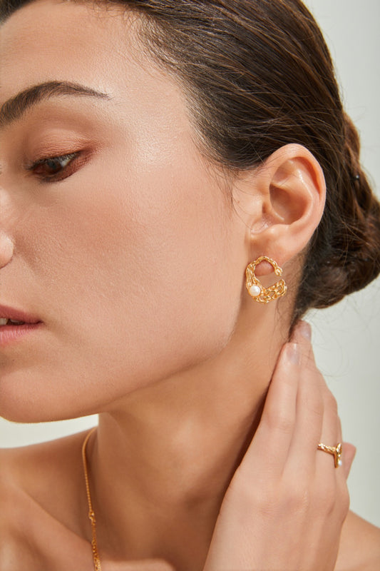 Liquid-Shaped Natural Pearl Earrings - 18K Gold Plated Sterling Silver | Vinajewelry
