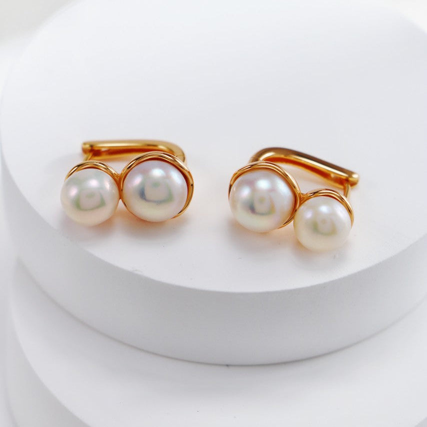 Natural Double Pearl Earrings - 18K Gold Plated Sterling Silver | Vinajewelry