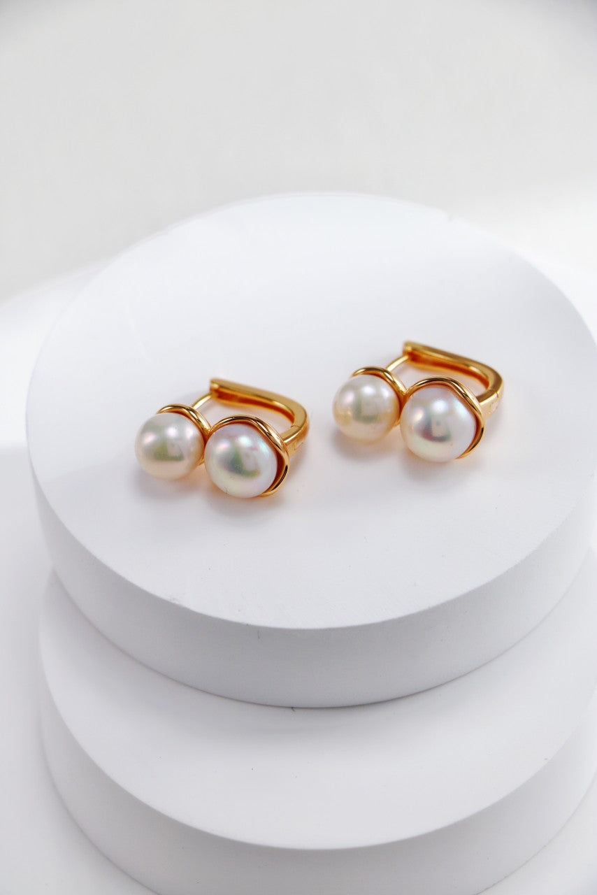 Natural Double Pearl Earrings - 18K Gold Plated Sterling Silver | Vinajewelry