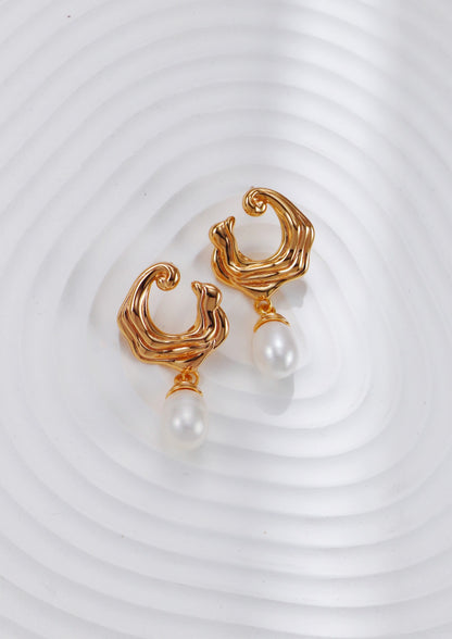 Fashion natural freshwater pearl pendant 18k gold earrings