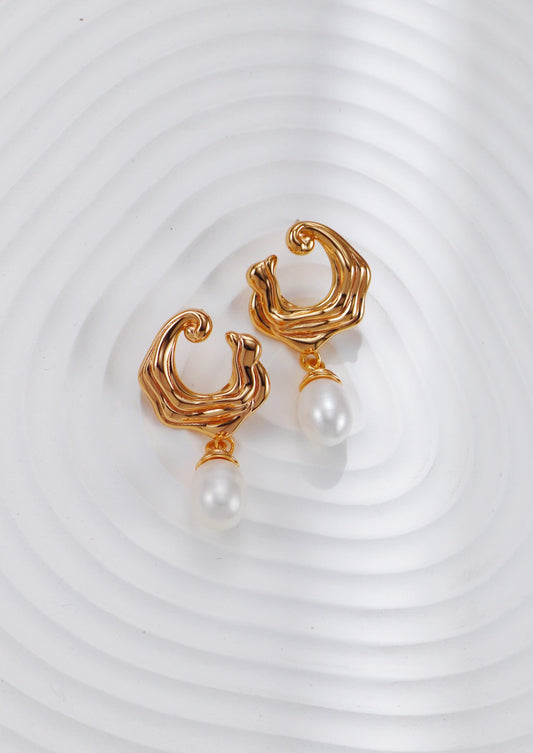Fashion natural freshwater pearl pendant 18k gold earrings