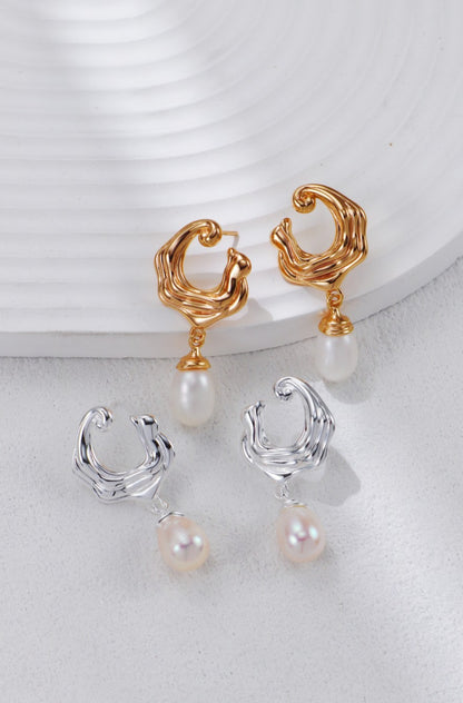 Fashion Natural Pearl Pendant Earrings - 18K Gold Plated Sterling Silver