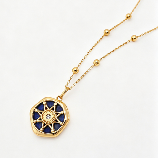 Collier vintage en argent sterling et or 18 carats orné d'un pendentif en lapis-lazuli et diamants