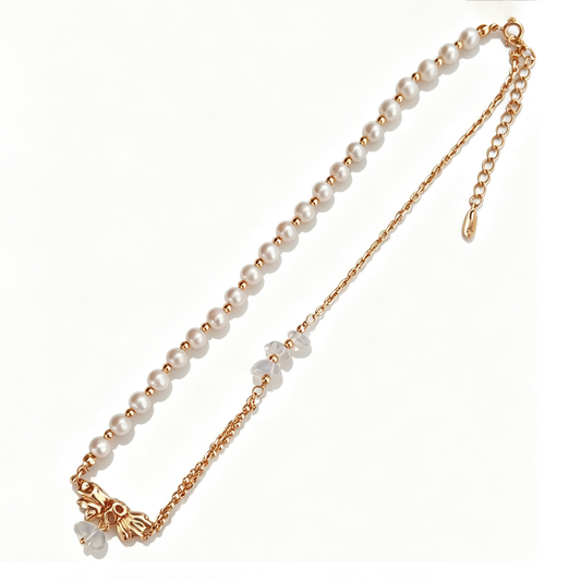 Collier en or 18 carats avec pendentif nœud ajustable en perle naturelle et pierre de lune
