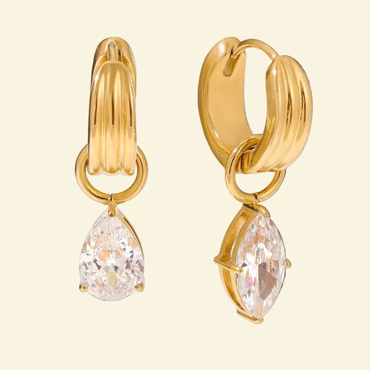 Luxury teardrop design diamond pendant hoop earrings 18k gold