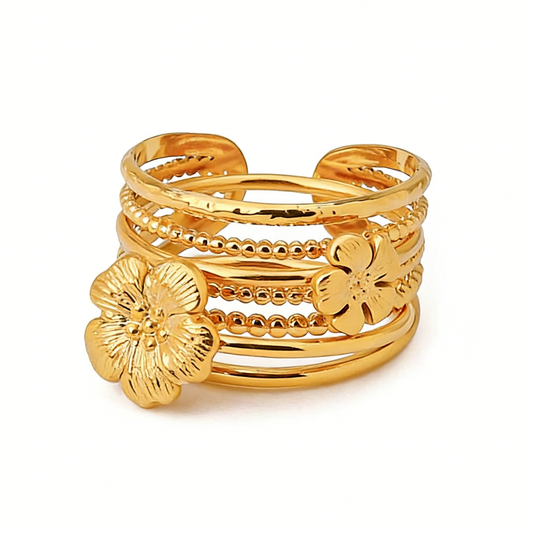 Bague en or 18 carats à ouverture ajustable et motif floral multicouche
