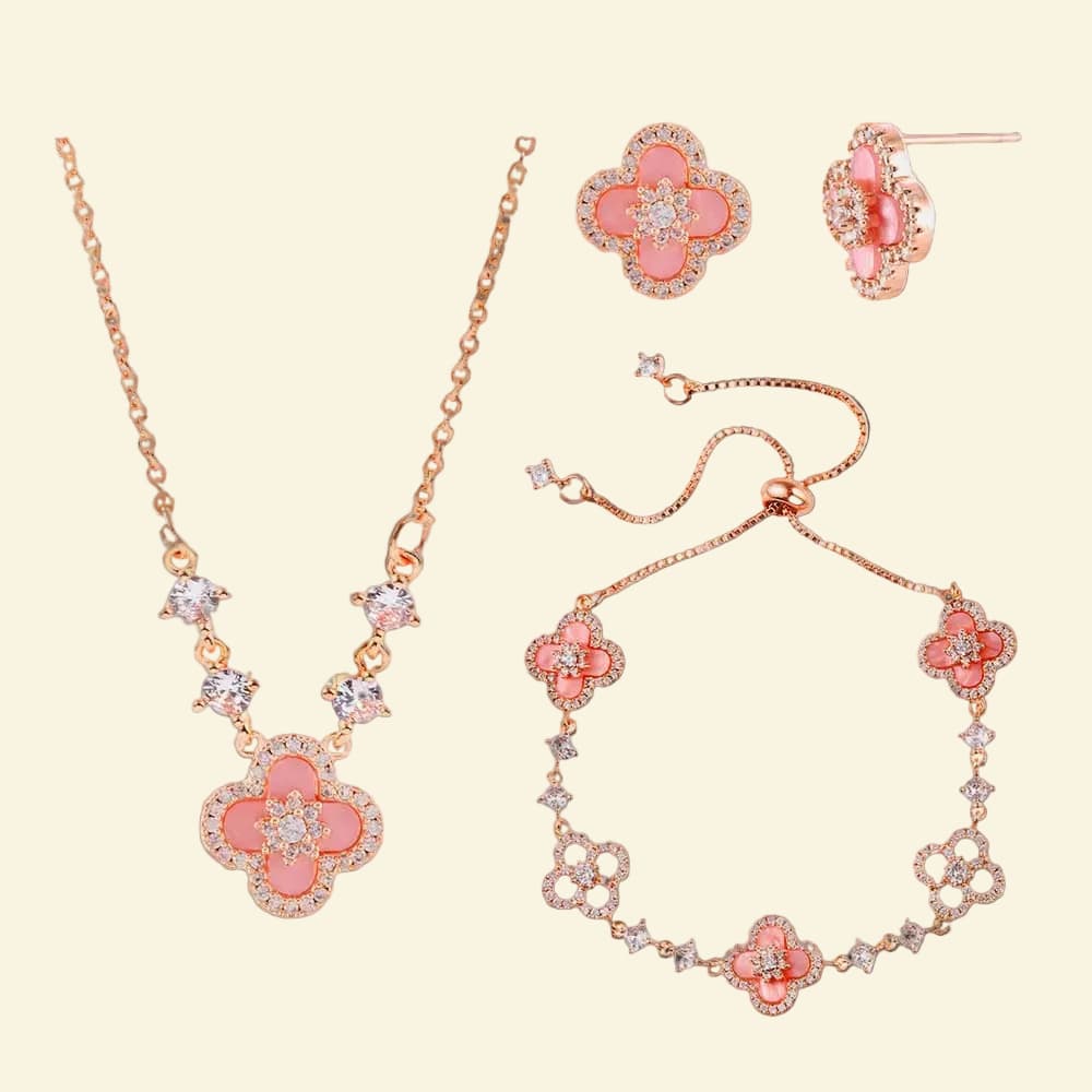 Luxury Diamond Four-Leaf Clover Pendant Necklace Bracelet Earrings Jewelry Set in 18k Gold