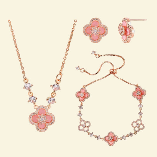 Luxury Diamond Four-Leaf Clover Pendant Necklace Bracelet Earrings Jewelry Set in 18k Gold