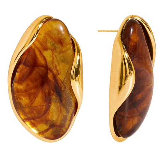 Amber Resin Stud Earrings 18K Gold Plated - Geometric Minimalist Jewelry