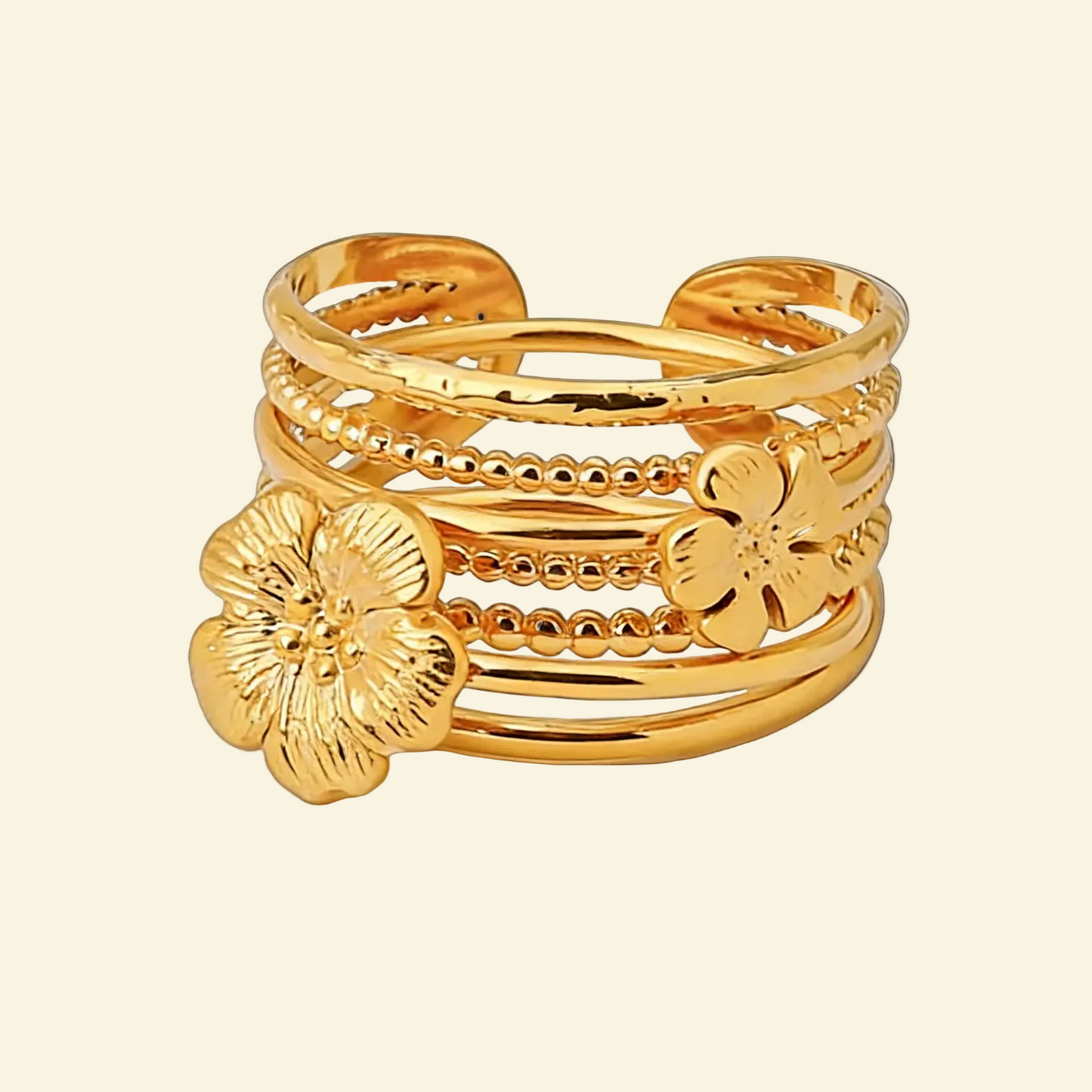 Multi-layered flower adjustable opening 18k gold ring