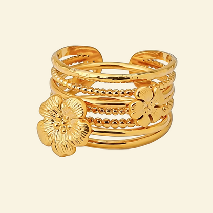 Multi-layered flower adjustable opening 18k gold ring