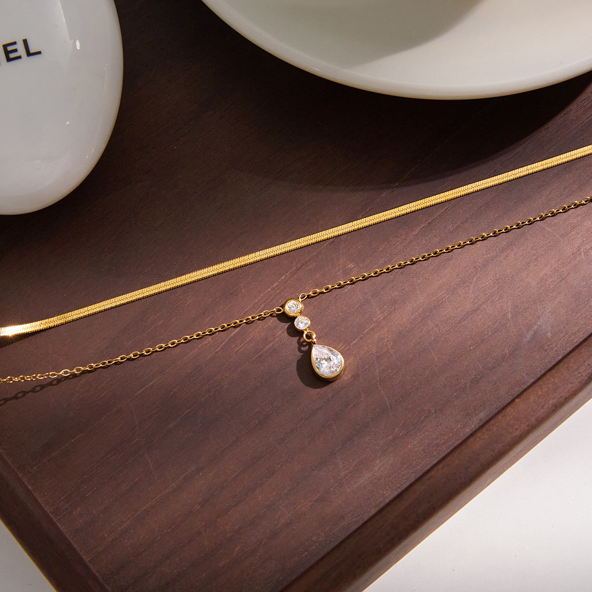 Olive Layered Diamond Pendant Chain Necklace
