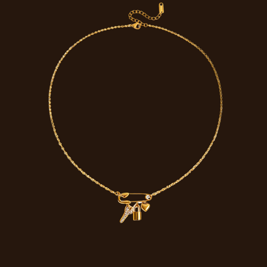 Luxury Diamond Key Lock Heart Paperclip Pendant Stacked Necklace 18k Gold