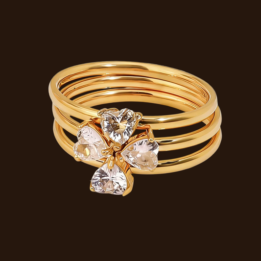 Luxury four-leaf clover diamond triple-stack 18k gold ring