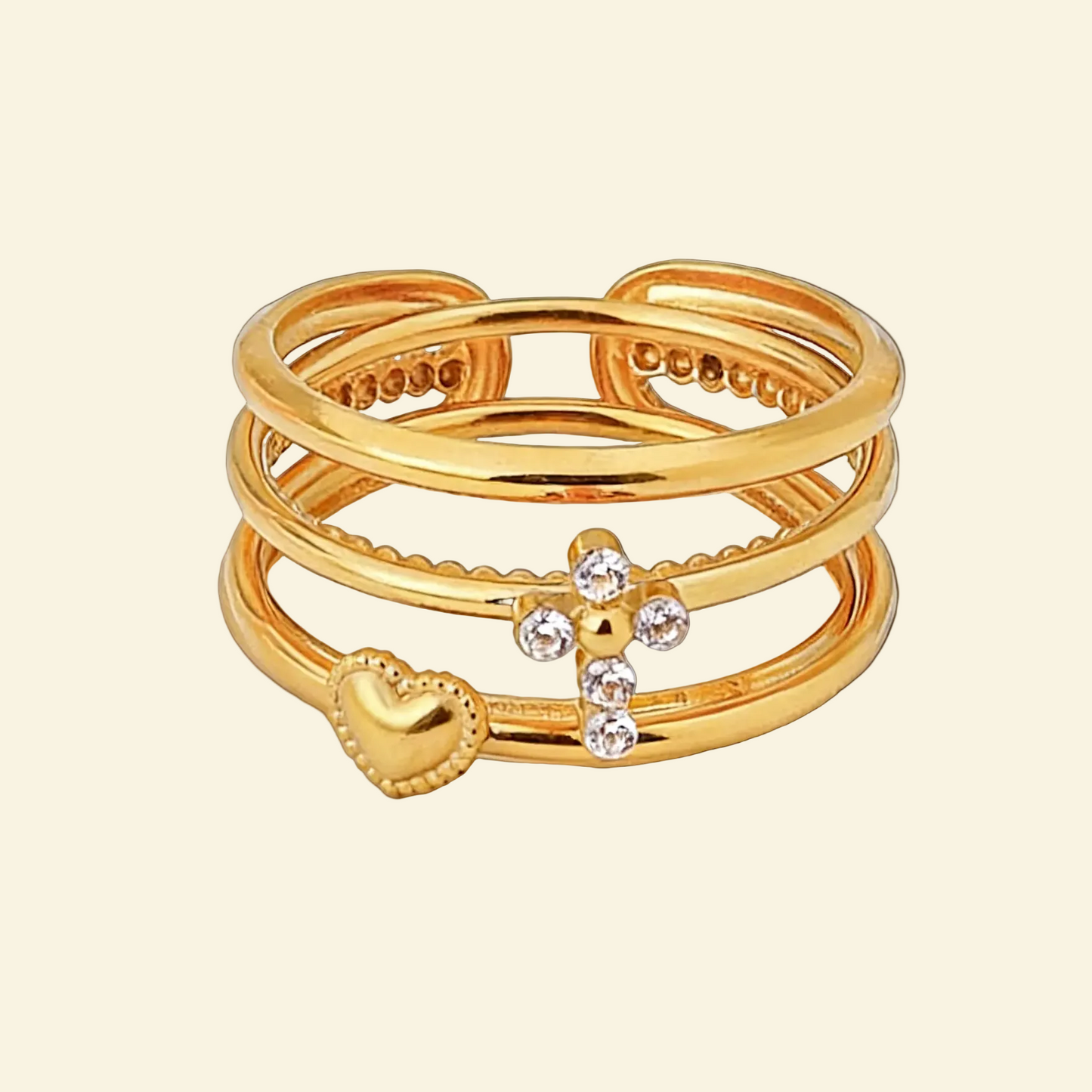 Simple cross heart diamond multi-layered 18k gold ring