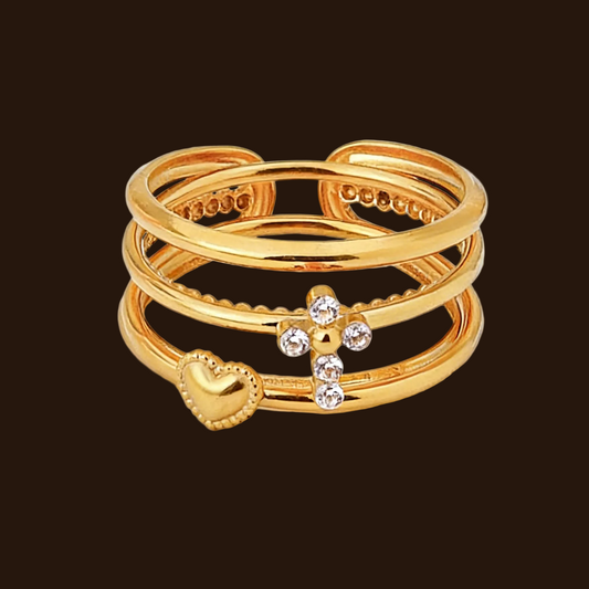 Simple cross heart diamond multi-layered 18k gold ring