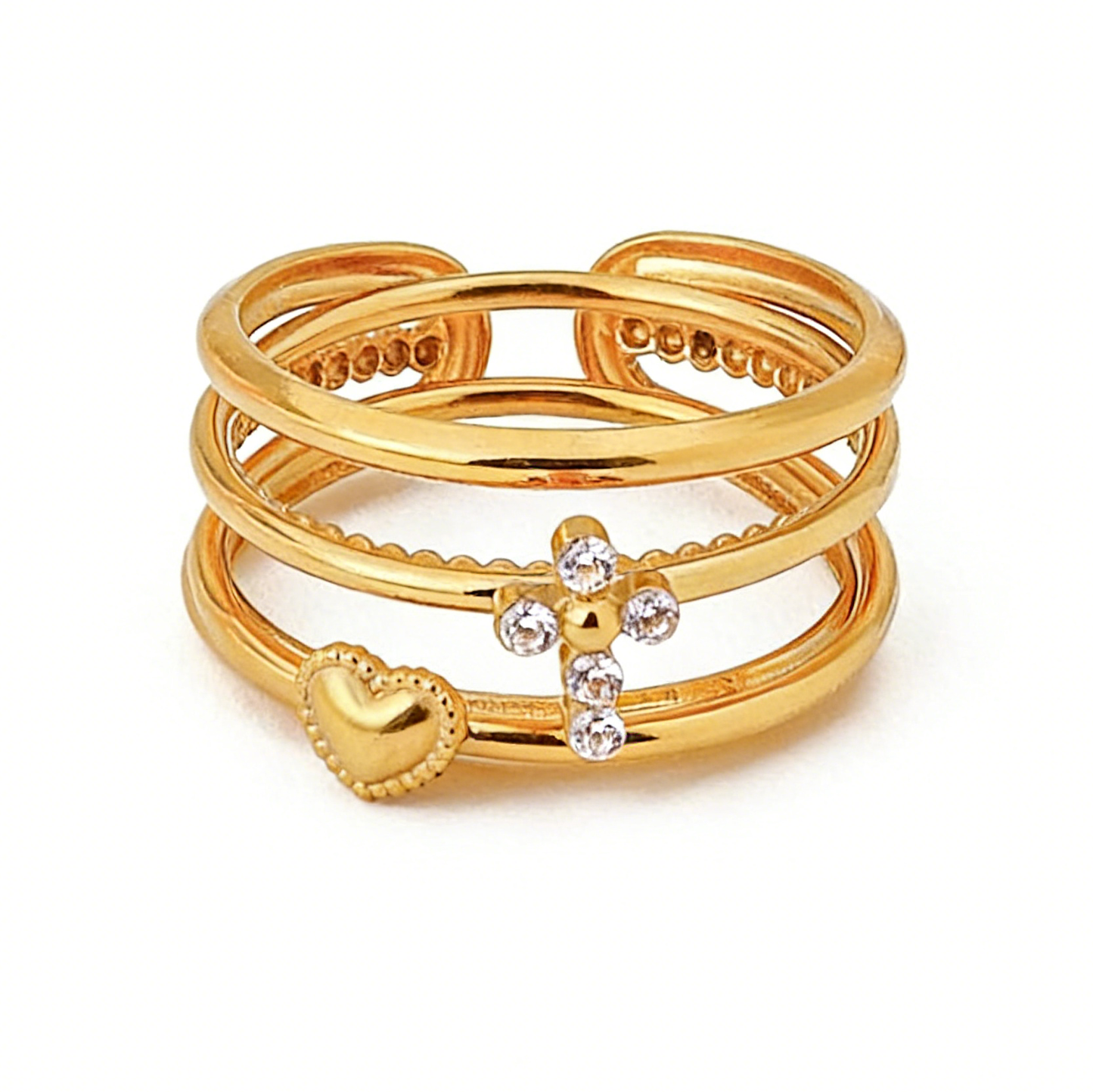 Bague en or 18 carats à plusieurs rangs, ornée d'un diamant en forme de cœur et d'une croix simple