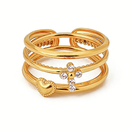 Bague en or 18 carats à plusieurs rangs, ornée d'un diamant en forme de cœur et d'une croix simple
