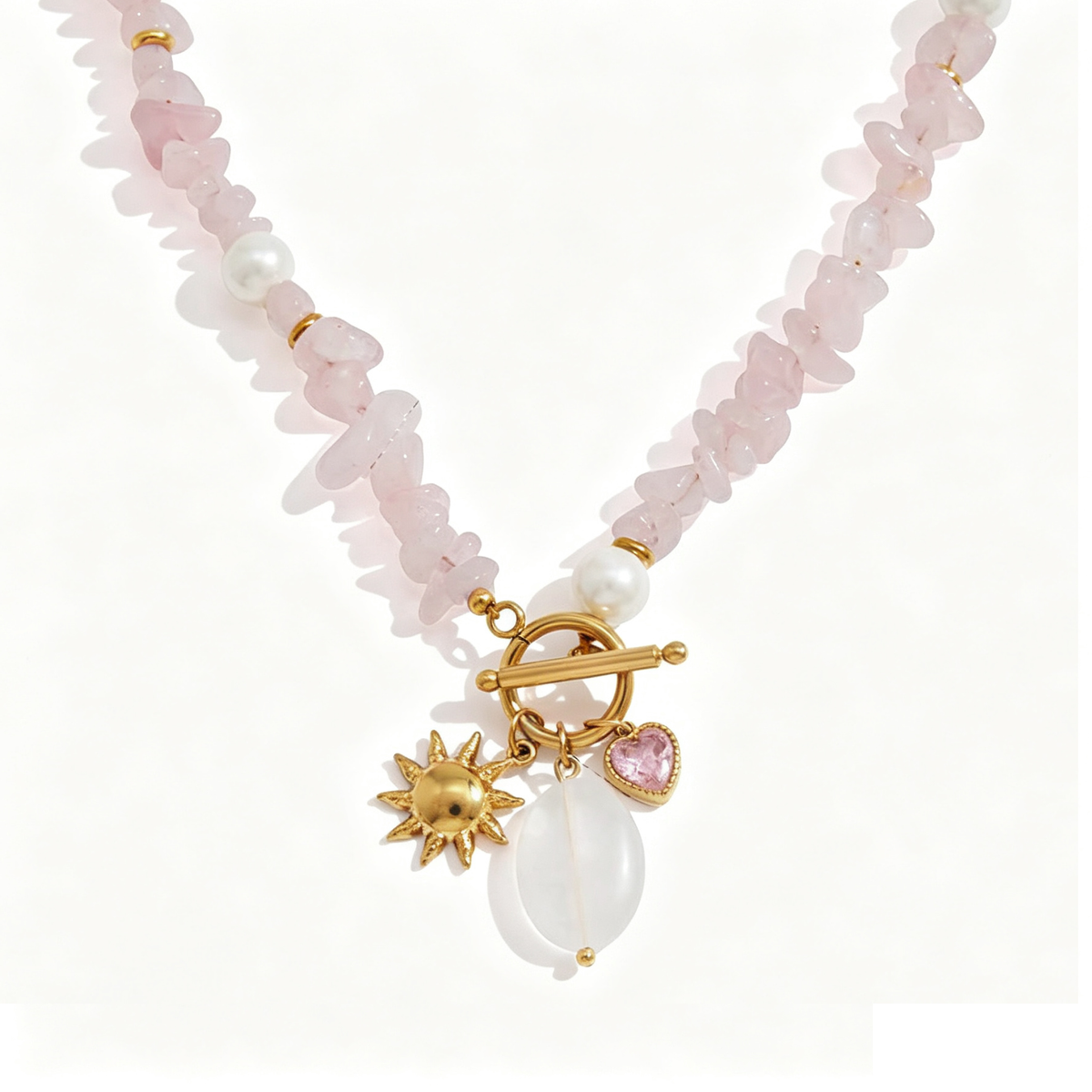 Rose Quartz & Jade Beaded Pendant Necklace | Vinajewelry