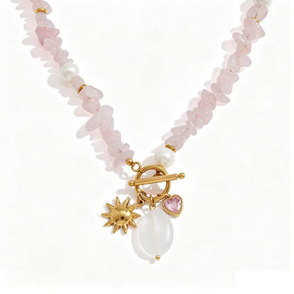 Rose Quartz & Jade Beaded Pendant Necklace | Vinajewelry