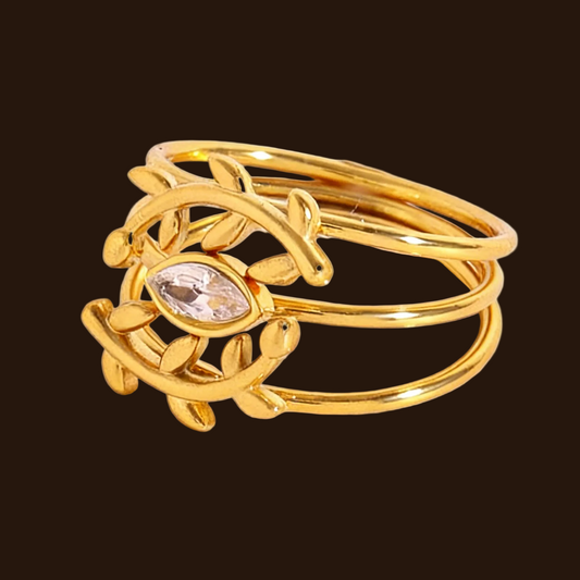 Versatile wheat ear evil eye diamond triple-stack 18k gold ring