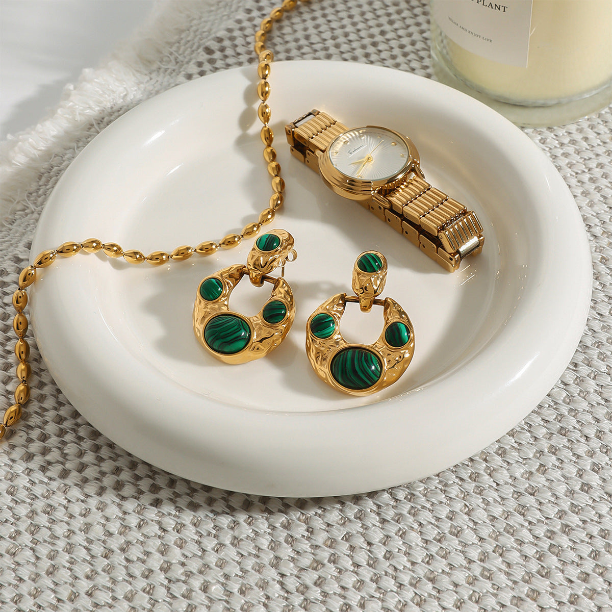 Vintage Malachite Geometric Earrings 18K Gold - Waterproof | Vinajewelry