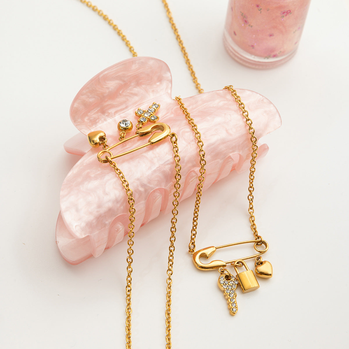 Luxury Diamond Cross Heart Paperclip Pendant Stacked Necklace 18k Gold