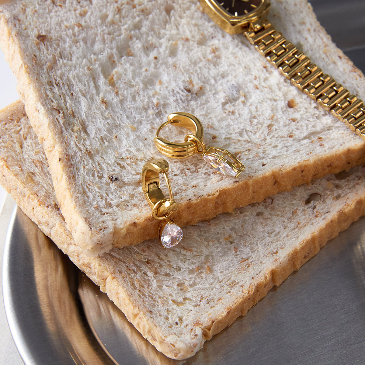 Luxury Teardrop Diamond Pendant Hoop Earrings with 18K Gold Plated Stainless Steel