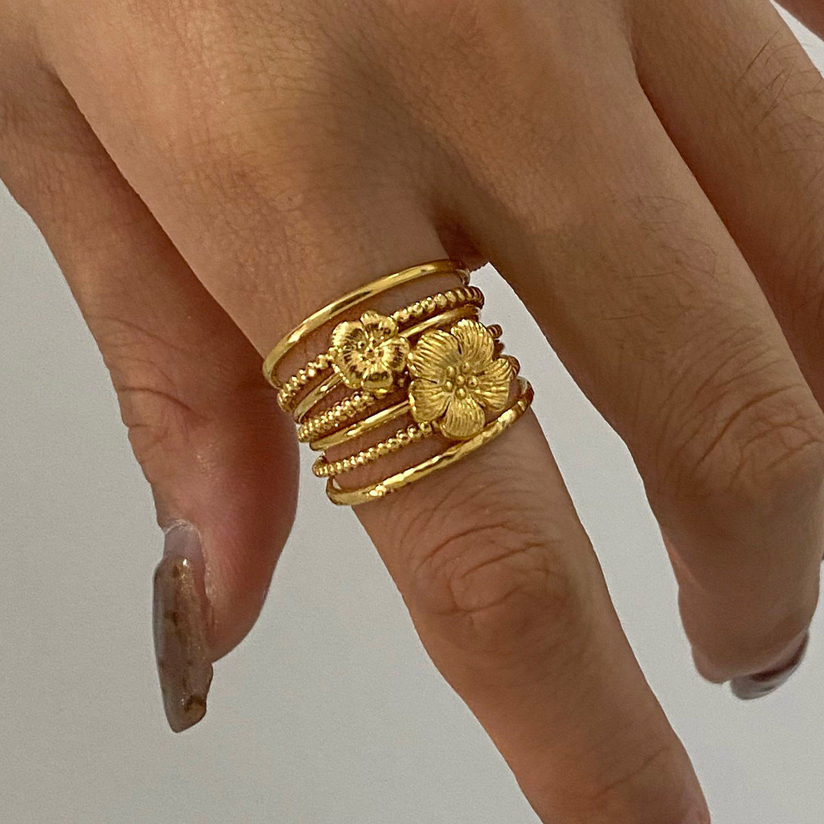 Multi-Layer Flower Diamond Ring - 18K Gold Plated Adjustable Open | Vinajewelry