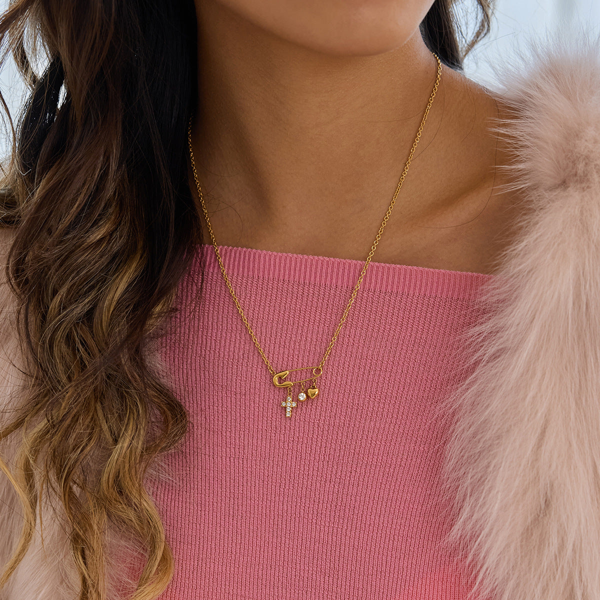 Luxury Diamond Cross Heart Paperclip Pendant Stacked Necklace 18k Gold