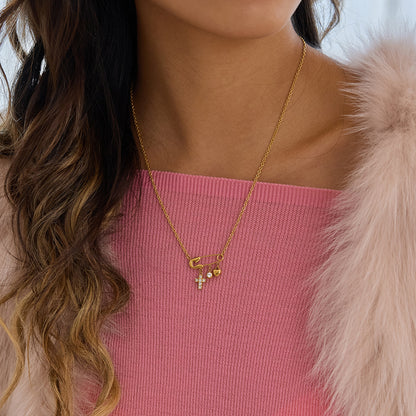 Luxury Diamond Cross Heart Paperclip Pendant Stacked Necklace 18k Gold