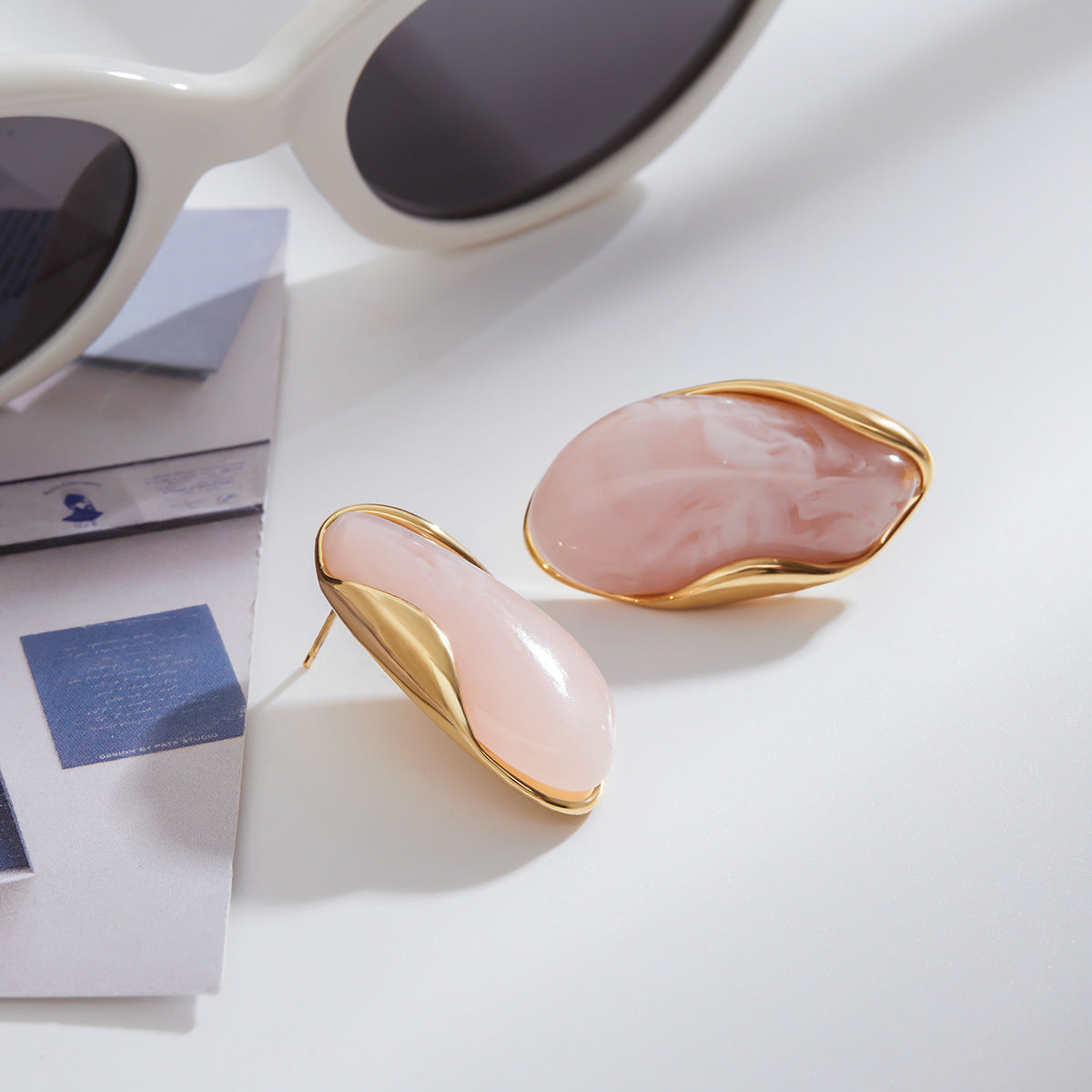 Amber Resin Stud Earrings 18K Gold Plated - Geometric Minimalist Jewelry