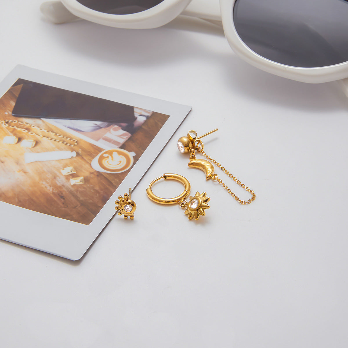 Sun Moon Stud Earring Set 18K Gold - Waterproof Diamond Earrings | Vinajewelry