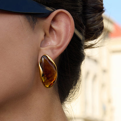 Amber Resin Stud Earrings 18K Gold Plated - Geometric Minimalist Jewelry